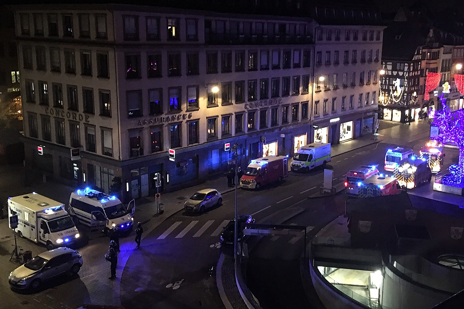 Police, firefighters and emergency services intervene on Place Gutenberg after a shooting on December 11, 2018 in Strasbourg, eastern France. PHOTO: AFP