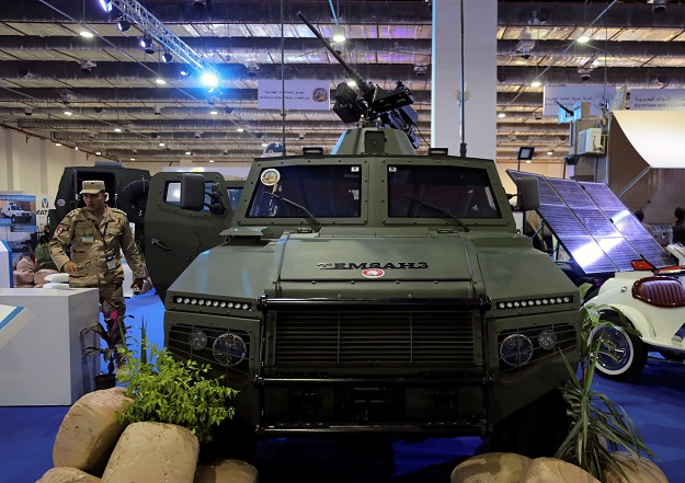 12.A made in Egypt TEMSAH 3 (Crocodile 3) military vehicle is displayed on the Egyptian stand during on the first day of Egypt Defense Expo PHOTO: REUTERS