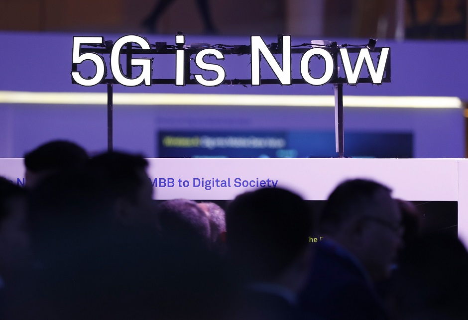 A 5G logo is displayed at the Mobile World Congress in Barcelona, Spain, February 26, 2018. REUTERS/Yves Herman