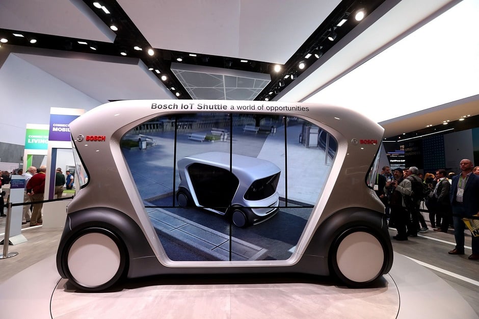 A Bosch electric autonomous shuttle concept car is displayed at the Bosch booth at CES International in Las Vegas. PHOTO: AFP