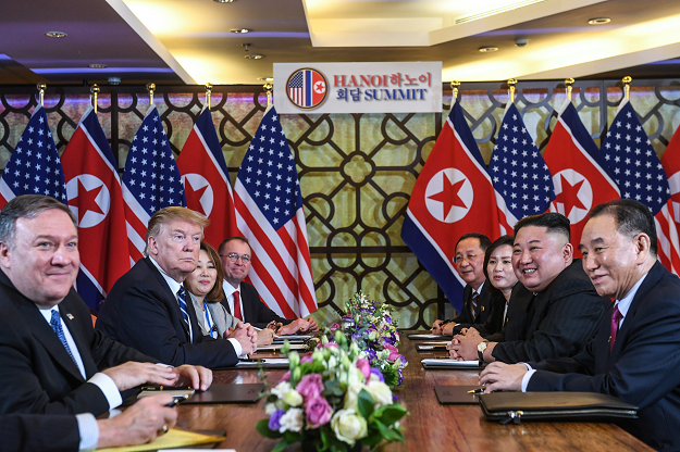 US President Donald Trump (2nd L) and North Korea's leader Kim Jong Un (2nd R) hold a bilateral meeting during the second US-North Korea summit. PHOTO: AFP