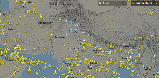 Pakistani airspace cleared of commercial air traffic after NOTAM issued by CAA. SCREENSHOT