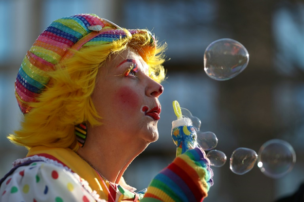 Canadian Annie Bannanie blew bubbles before an annual service in east London to honour Grimaldi. PHOTO: AFP