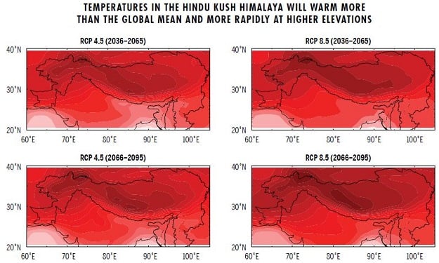 This figure shows projected spatial distribution of annual mean temperature change (˚C) over the region for two representative concentration pathways (RCP 4.5 and RCP 8.5) over two time periods (2036–2065 and 2066–2096) . PHOTO COURTESY: The Hindu Kush Himalaya Assessment, 2019