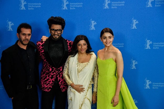(L-R) Producer Ritesh Sidhwani, Indian Bolywood actor Ranveer Singh, Indian director Zoya Akhtar and British actress Alia Bhatt pose during a photocall for the film 