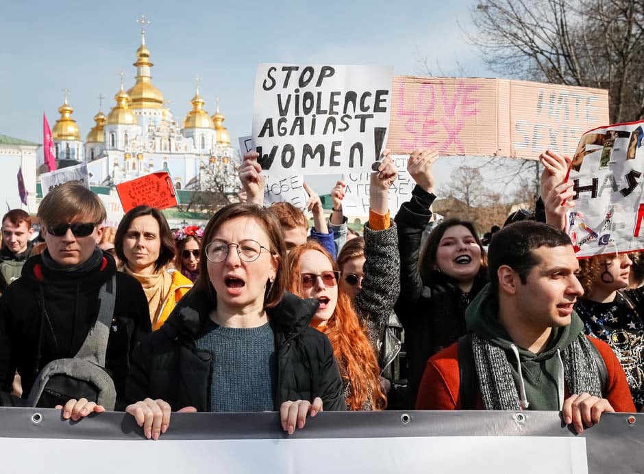 Activists attend a rally for gender equality and against violence towards women on the International Women's Day in Kiev, Ukraine. PHOTO: REUTERS