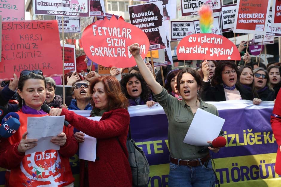 Women take part in a protest on the occasion of International Women's Day in the Turkish capital Ankara. PHOTO: AFP
