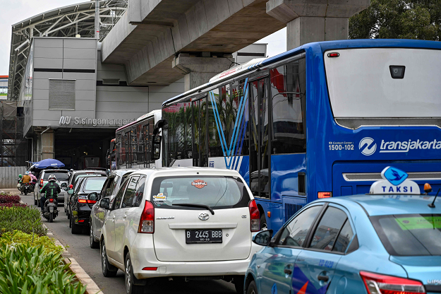 Rush hour traffic outside a newly-constructed Jakarta mass rapid transit (MRT) station in the city. PHOTO: AFP