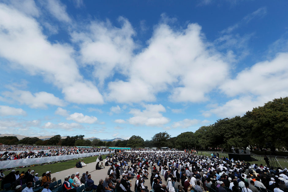 A general view during Friday prayers at Hagley Park outside Al-Noor mosque in Christchurch. PHOTO: REUTERS