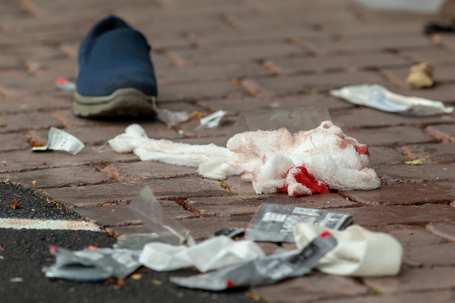 Bloodied bandages on the road following a shooting at the Al Noor mosque in Christchurch, New Zealand. PHOTO: REUTERS