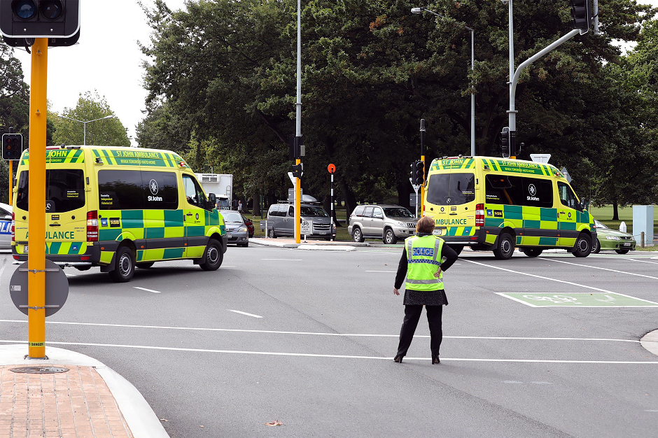 This picture released by Radio New Zealand shows ambulances rushing towards the mosque after a firing incident in Christchurch. PHOTO: AFP