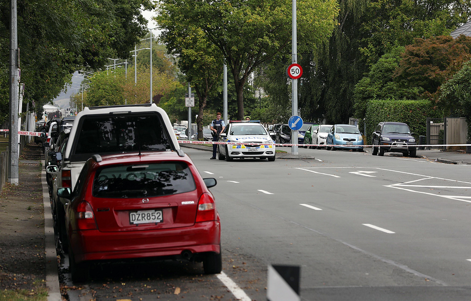 This picture released by Radio New Zealand shows a police cordoning off the area near the mosque after a firing incident in Christchurch. PHOTO: AFP