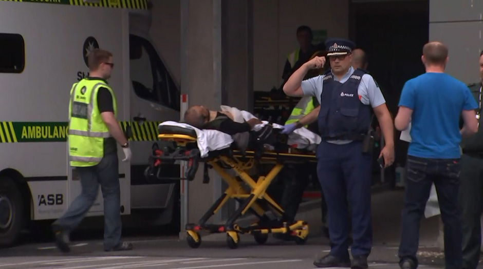 An image grab from TV New Zealand taken on March 15, 2019 shows a victim arriving at a hospital following the mosque shooting in Christchurch. PHOTO: AFP