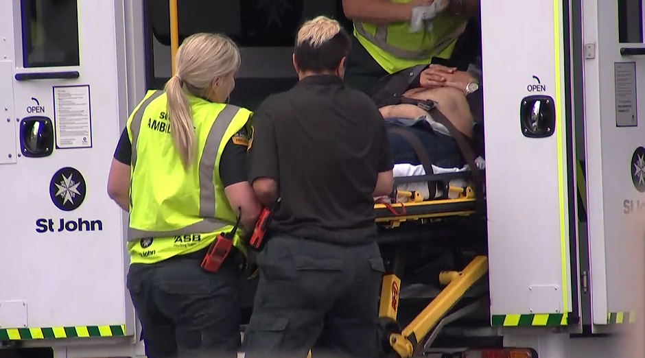 An image grab from TV New Zealand taken on March 15, 2019 shows a victim arriving at a hospital following the mosque shooting in Christchurch. PHOTO: AFP