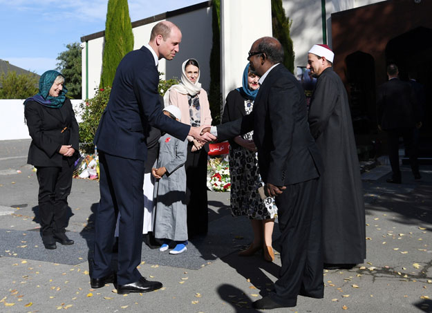 Britain's Prince William greets members of the Muslim community as he arrives at Masjid Al-Noor in Christchurch, New Zealand. PHOTO: REUTERS