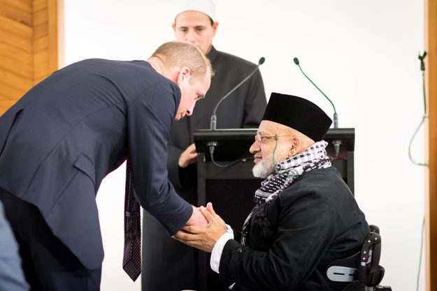 Britain's Prince William greets Farid Ahmed during his visit to Masjid Al-Noor mosque in Christchurch, New Zealand. PHOTO: REUTERS