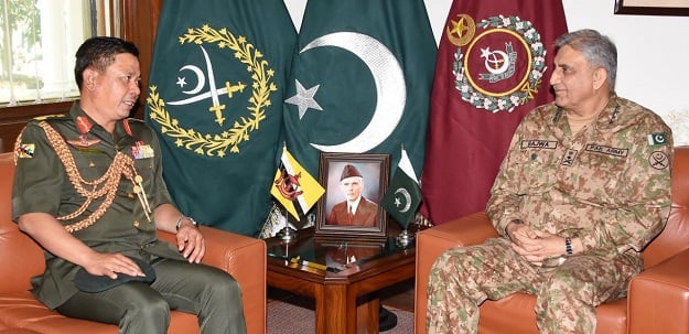 Brunei commander calls on army chief at GHQ. PHOTO: ISPR