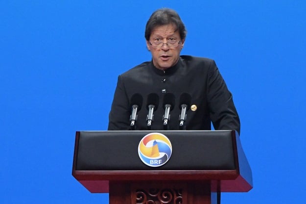 Prime Minister Imran Khan speaks during the opening ceremony of the Belt and Road Forum in Beijing. PHOTO: AFP