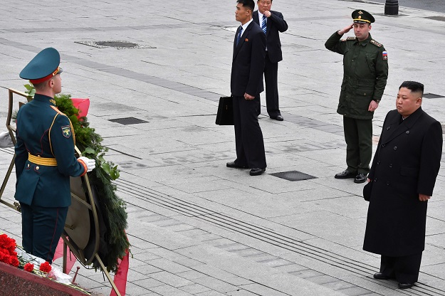 North Korean leader Kim Jong Un attends a wreath-laying ceremony at a WWII memorial in the far-eastern Russian port of Vladivostok on April 26, 2019. PHOTO: AFP