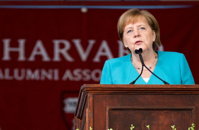 german chancellor angela merkel delivered the keynote speech at harvard university 039 s 368th commencement ceremony photo afp