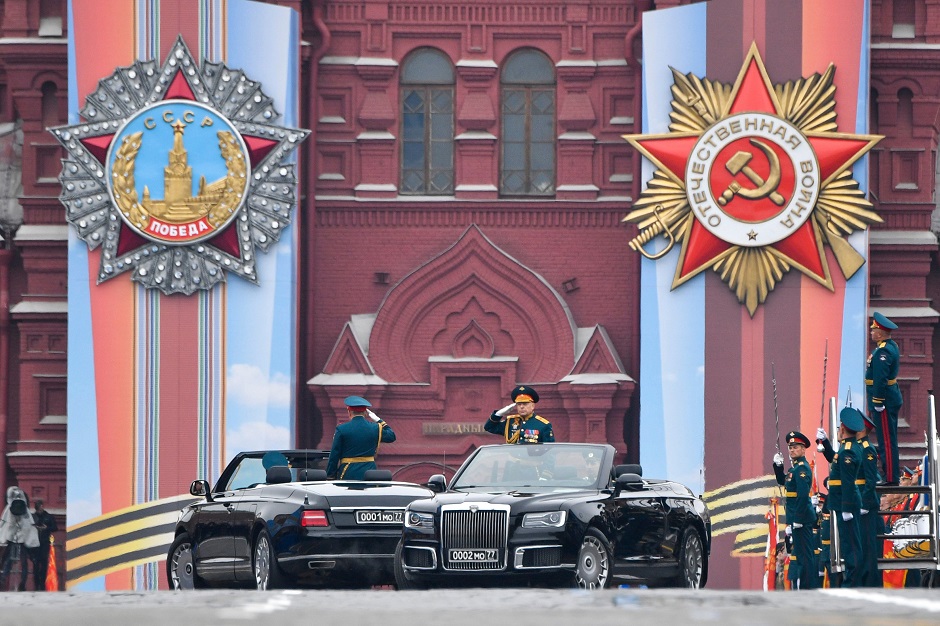Russian Defence Minister Sergei Shoigu and Commander-in-Chief of the Land Forces General of the Army and Victory Parade Commander Colonel-General Oleg Salyukov salute soldiers as they drive on Red Square during the Victory Day military parade in downtown Moscow PHOTO: AFP 