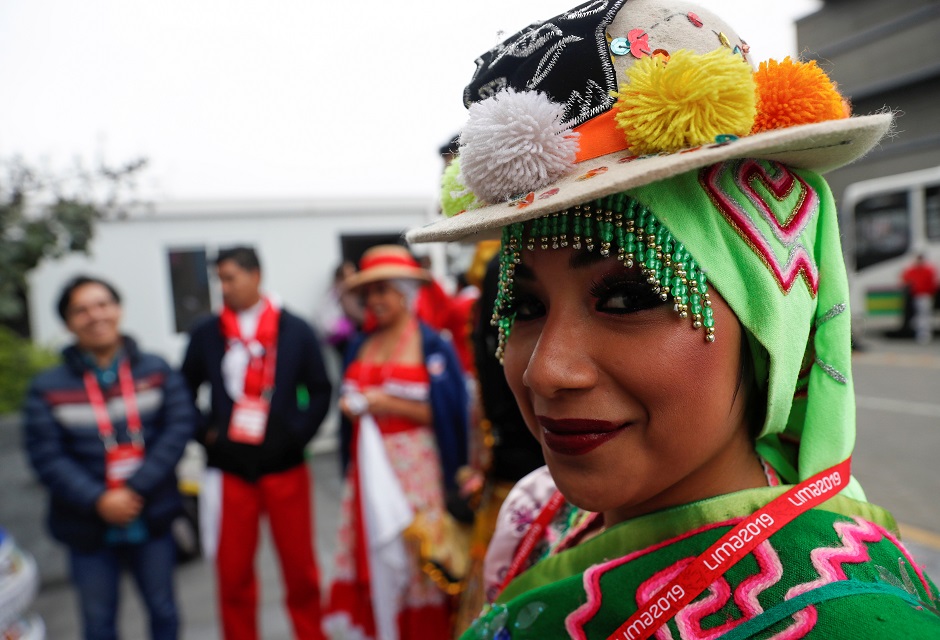 Peruvian dancers from the Andean city of Puno are pictured outside the media center, ahead of the 2019 Pan American Games in Lima, Peru. PHOTO: Reuters