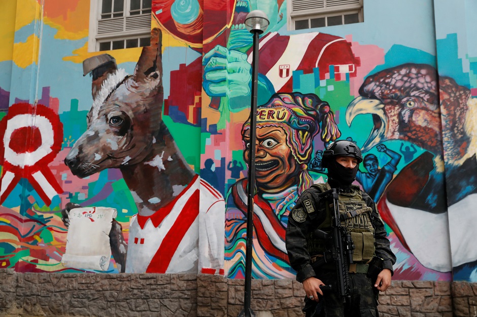 A member of the Peru police SWAT team stands as he takes part in a drill at the Estadio Nacional (National Stadium) ahead of the 2019 Pan American Games in Lima, Peru. PHOTO: Reuters 