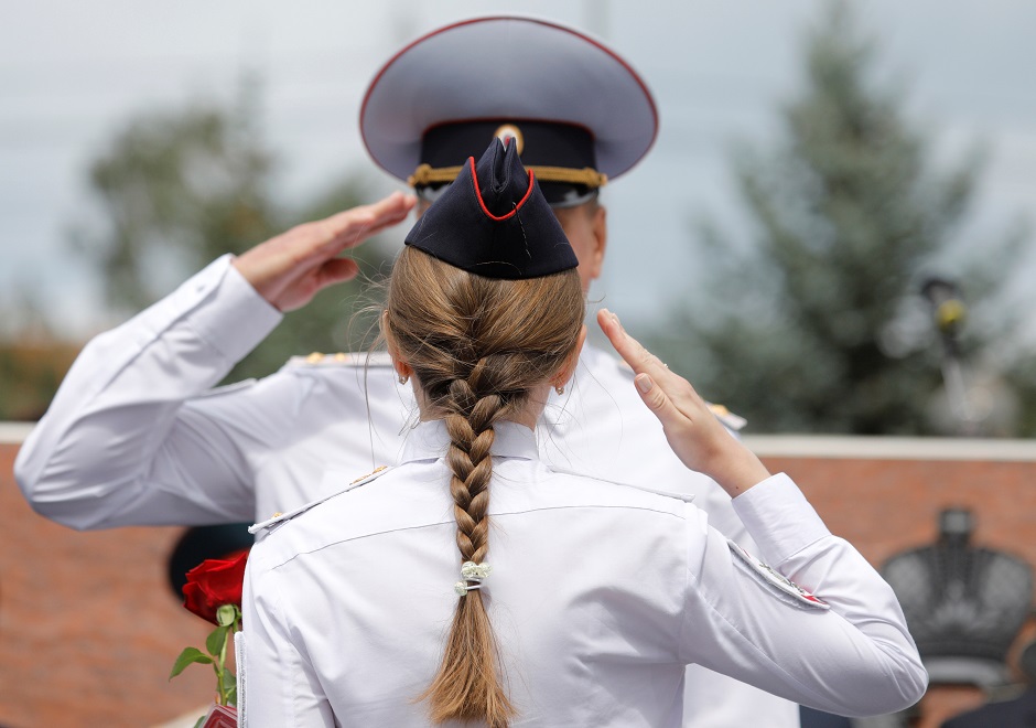 A lieutenant of Stavropol Branch of the Krasnodar University of the Ministry of Internal Affairs salutes during a graduation ceremony in Stavropol, Russia. PHOTO: Reuters