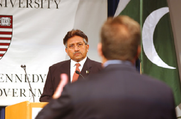 Musharraf speaking at Harvard University.