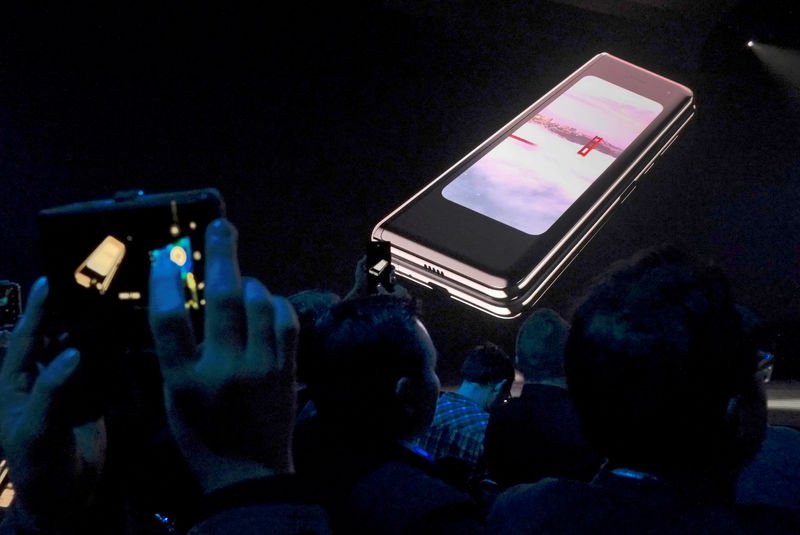 the samsung galaxy fold phone is shown on a screen at samsung 039 s unpacked event in san francisco california us feb 20 2019 photo reuters
