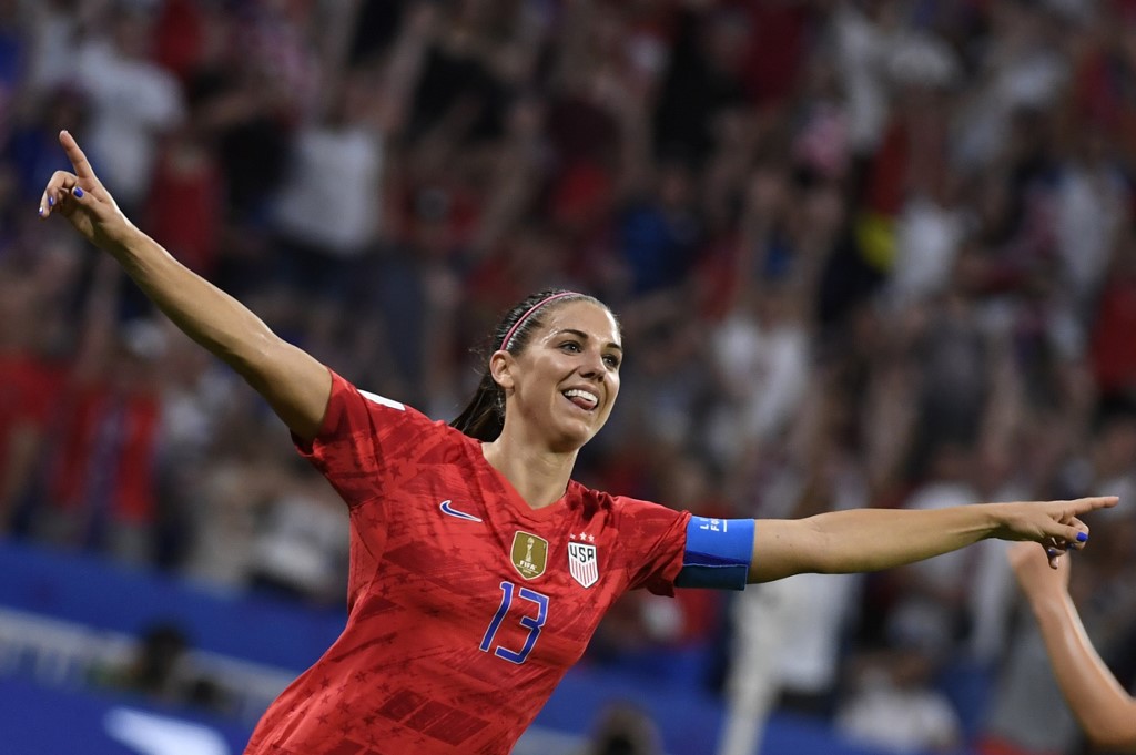 united states 039 forward alex morgan celebrates after scoring a goal during the france 2019 women 039 s world cup semi final football match between england and usa on july 2 2019 at the lyon satdium in decines charpieu central eastern france photo afp