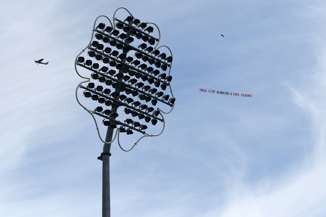 plane flies over headingley with justice for kashmir banner