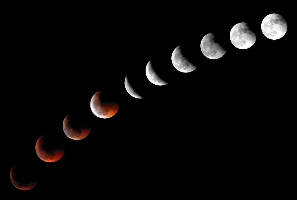 a combination of 10 pictures shows the moon during a total lunar eclipse photo afp