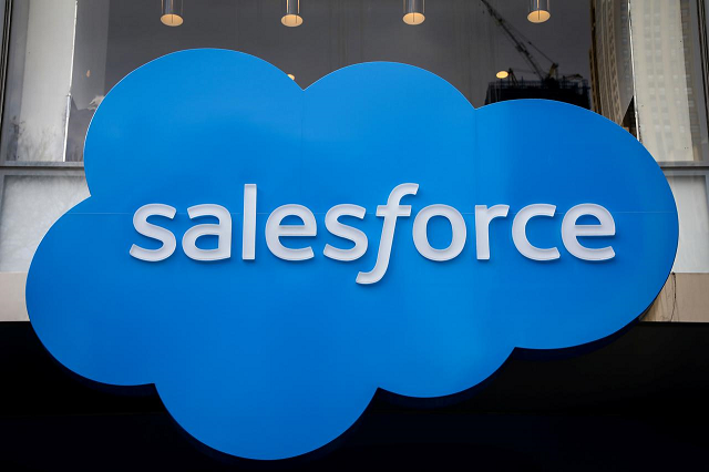 the company logo for salesforce com is displayed on the salesforce tower in new york city us march 7 2019 photo reuters