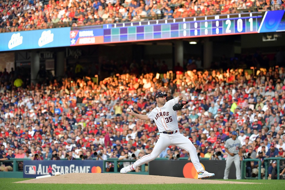 Justin Verlander of the Houston Astros and the American League pitches during the 2019 MLB All-Star Game:AFP