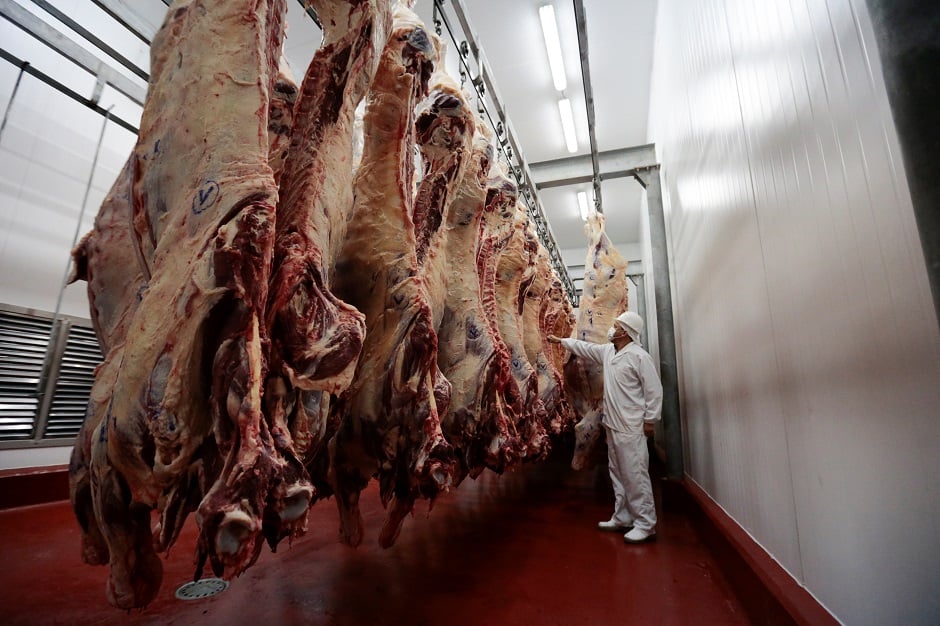 A worker stand in front of beef carcasses at the production line of the meat processing plant of Frigochaco in Limpio, Paraguay : REUTERS