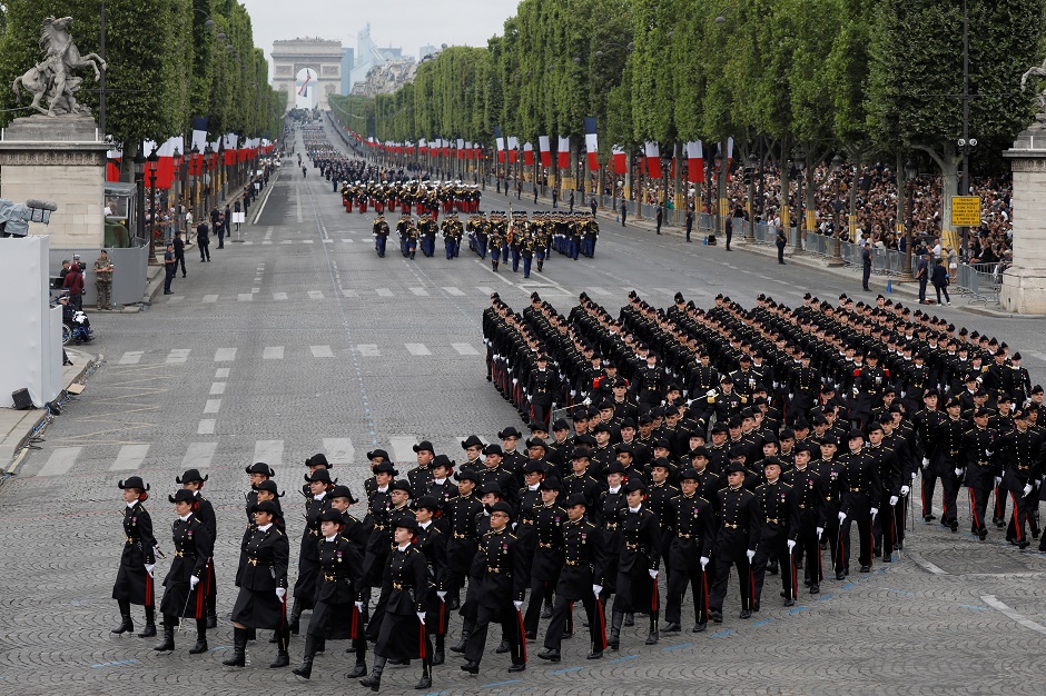Students of the Ecole Polytechnique (Special military school of Polytechnique), the special military school of Saint-Cyr, the French National gendarmerie officers school and the Navy school march during the traditional Bastille Day military parade : REUTERS
