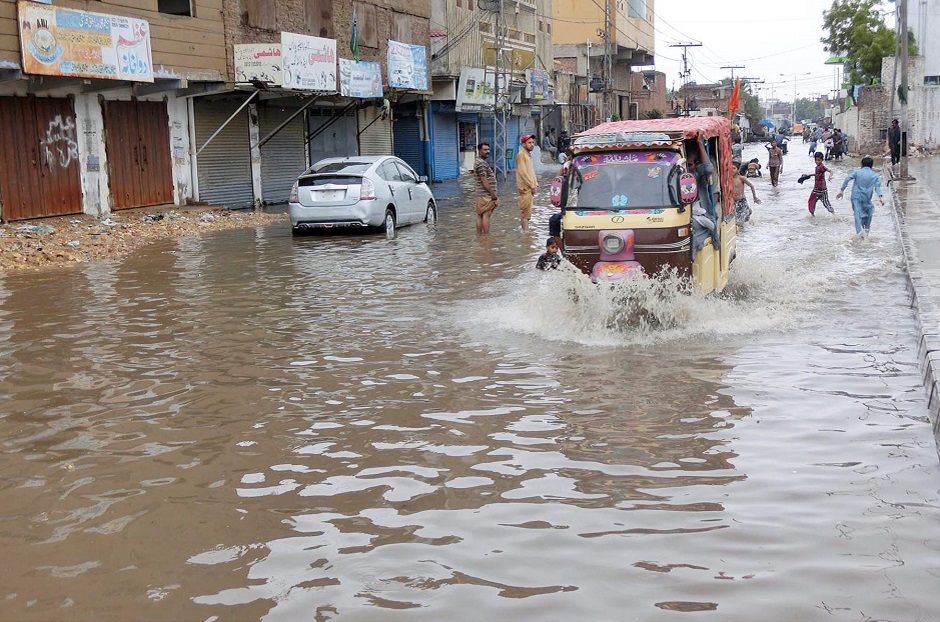 A view of rainy water accumulated on Shah Makki road in Hyderabad. PHOTO: APP