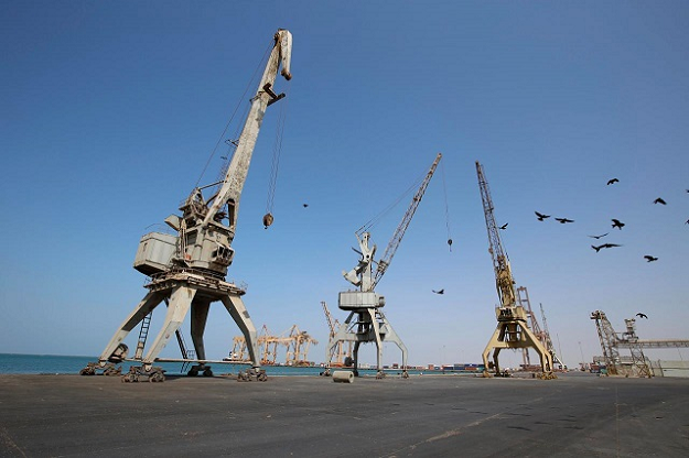 A view of cranes, damaged by air strikes, at the container terminal of the Red Sea port of Hodeidah, Yemen. PHOTO: REUTERS