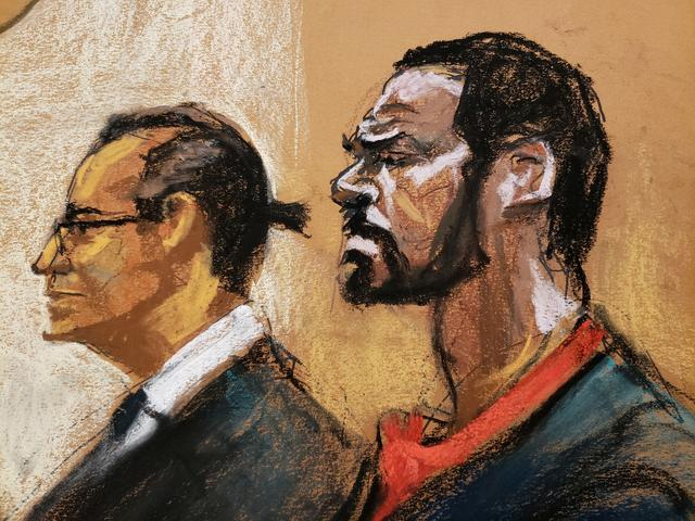 Singer R Kelly stands next to his lawyer Douglas Anton as he attends his arraignment on charges of racketeering and sex trafficking in federal court in this court sketch in New York, US, August 2, 2019. REUTERS/Jane Rosenberg 