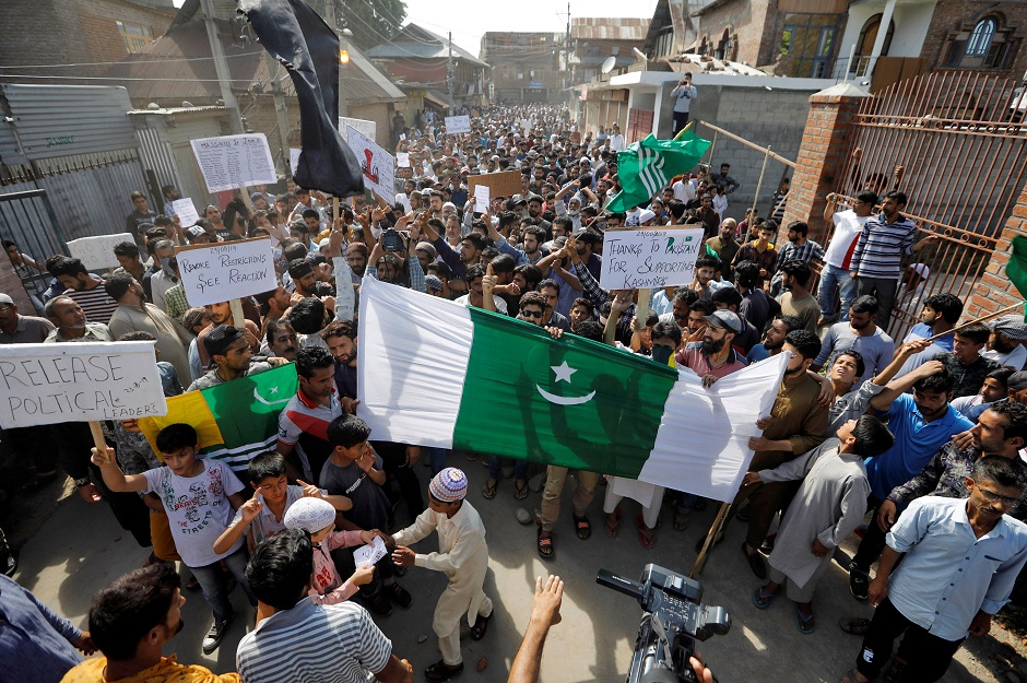 Kashmiris attend a protest after Friday prayers during restrictions, after scrapping of the special constitutional status for Kashmir by the Indian government, in Srinagar. PHOTO: REUTERS 