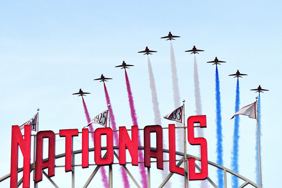  The Royal Air Force Red Arrows fly over National Park before the interleague game between the Baltimore Orioles and Washington Nationals at Nationals Park. PHOTO: AFP  