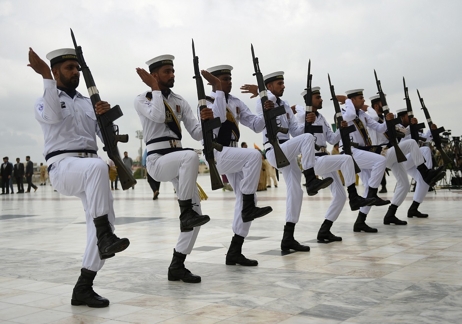 Pakistan naval cadets march into the mausoleum of Quaid-e-Azam Mohammad Ali Jinnah during Independence Day celelebrations in Karachi. (Photo: Rizwan Tabassum / AFP)