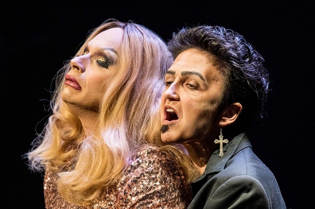 In this file photo taken on July 12, 2019 Melodie Rousseau (R), accompanied by a Drag Queen, during her Drag King performance in Montreal, Canada. PHOTO: AFP