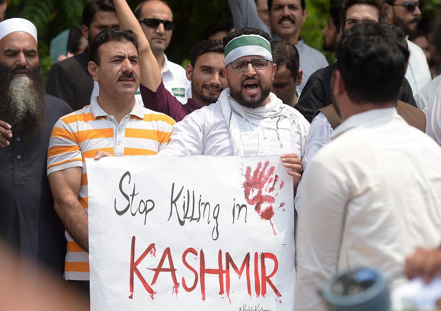 Pakistani Kashmiri chant slogans during an anti-Indian protest at the diplomatic enclave in Islamabad. PHOTO: REUTERS
