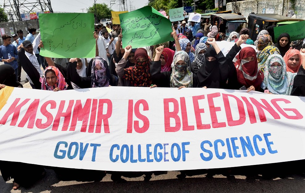 Pakistani Kashmiri chant slogans during an anti-Indian protest at the diplomatic enclave in Islamabad. PHOTO: AFP