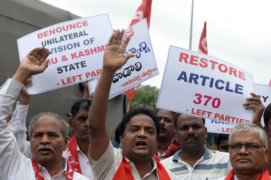 Members of the Communist Party of India take part in a protest in Hyderabad on August 7, 2019, in reaction to the Indian government scrapping Article 370 that granted a special status to Jammu and Kashmir. PHOTO: AFP