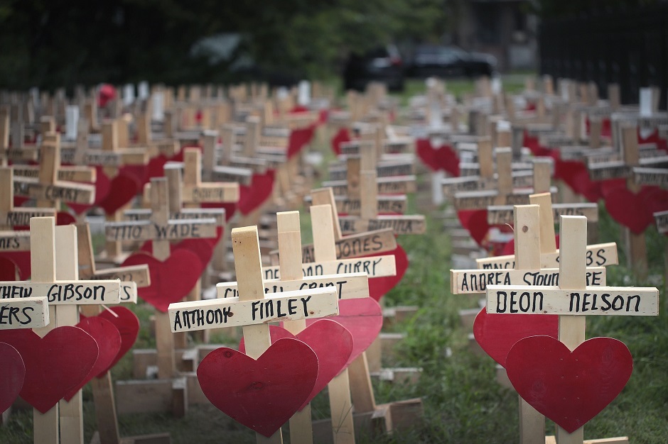 Crosses cover a vacant lot in the West Englewood neighbourhood. The crosses are a memorial to the victims of the 314 murders so far this year in Chicago. PHOTO: AFP