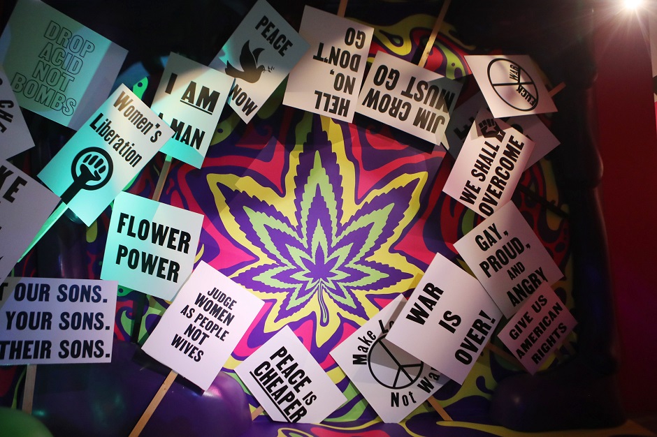 A display stands in the 'Counterculture Revolution' room in the 'Weed maps Museum of Weed'. PHOTO: AFP