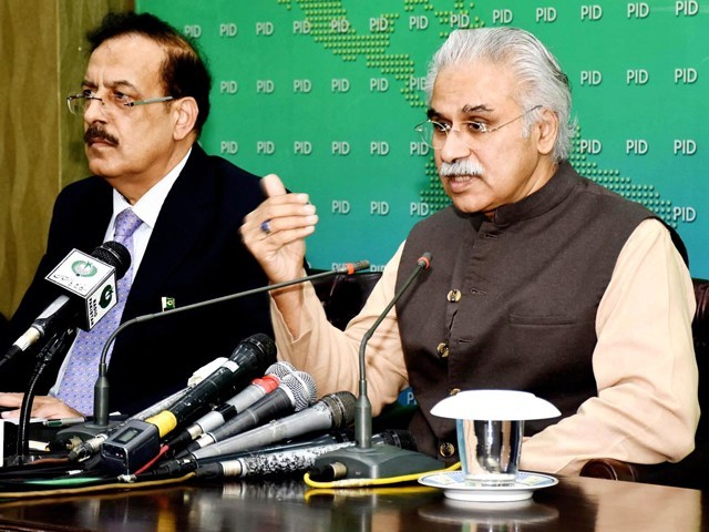 SAPM Dr Zafar Mirza addresses a news conference in Islamabad on Sunday. PHOTO: NNI